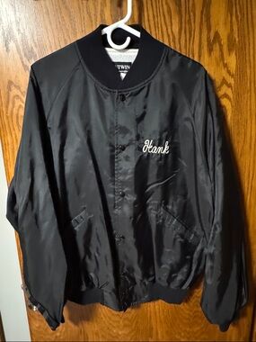 Black Satin Bomber Jacket with 'Hank' Embroidered Script